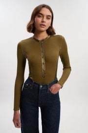 Khaki Luxe Viscose Rib Jersey Crew Neck Satin Detail Bodysuit USA at Karen Millen