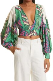 Kimberly Goldson Liyah Tropical Print Crop Blouse in Tropical Punch Size Small at Nordstrom