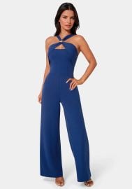 Knit Crepe Twist Wide Leg Jumpsuit in Blue Intention at Bebe