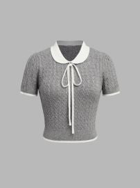 Knit Fabric Knit Polo Contrasting Binding Knotted Short Sleeve Top For Daily Casual at Cider