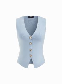 Knit Fabric Knit V-neck Metal Button Split Vest For Daily Casual at Cider