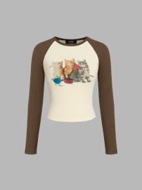 Knit Fabric Rib Raglan Cat Long Sleeve Tee For Daily Casual School at Cider