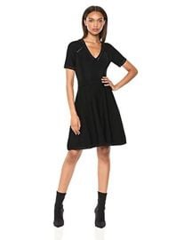 Knit Textured V-Neck Short Sleeve Pointelle Flare Dress at Amazon