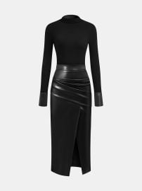 Knit Top amp Faux Leather Ruched Skirt Set COMMENSE at Commense