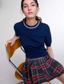 Knit crop jumper with rhinestones Blue For Women at Maje