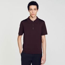 Knitted polo shirt with zip collar Brown Paris at Sandro