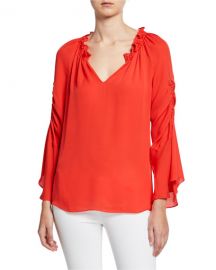 Kobi Halperin Carolina V-Neck Shirred Sleeve Silk Blouse at Neiman Marcus