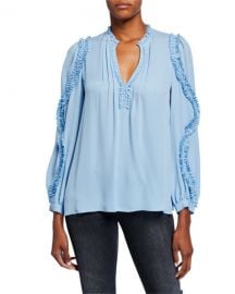 Kobi Halperin Esther V-Neck Long-Sleeve Ruffle-Trim Blouse at Neiman Marcus