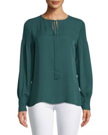 Kobi Halperin Julee Tie-Neck Long-Sleeve Silk Blouse w  Smocking Details at Neiman Marcus