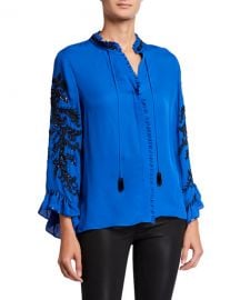 Kobi Halperin Margo Embellished Tie-Neck Long-Sleeve Silk Blouse at Neiman Marcus