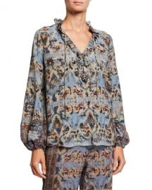 Kobi Halperin Molly Abstract Ruffle-Trim Blouson-Sleeve Silk Blouse at Neiman Marcus