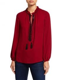 Kobi Halperin Paula Long-Sleeve Beaded Tassel-Tie Silk Blouse at Neiman Marcus