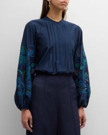 Kobi Halperin Reese Pintuck Floral-Embroidered Silk Blouse at Neiman Marcus