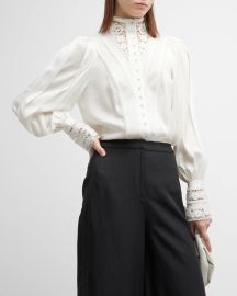 Kobi Halperin Saff Pleated Bishop Sleeve Lace Trim Blouse at Neiman Marcus