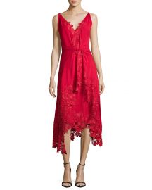 Kobi Halperin Sleeveless Silk Lace-Trim Midi Dress  Crimson at Neiman Marcus