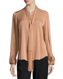 Kobi Halperin Tara Fringed Tie-Neck Stretch-Silk Blouse Copper at Neiman Marcus