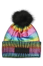 Kurt Geiger London Metallic Foil Beanie with Faux Fur Pompom at Nordstrom