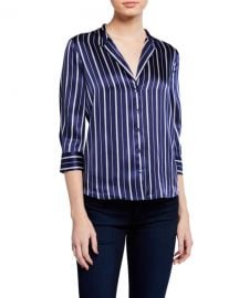 L  x27 Agence Aoki Stripe Band-Collar Blouse at Neiman Marcus