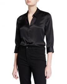 L  x27 Agence Dani Silk Satin 3 4-Sleeve Button-Down Blouse at Neiman Marcus