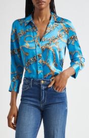 L\'AGENCE Dani Chain Print Three-Quarter Sleeve Silk Button-Up Shirt at Nordstrom