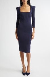 L\'AGENCE Mary Padded Shoulder Corset Knit Midi Dress at Nordstrom