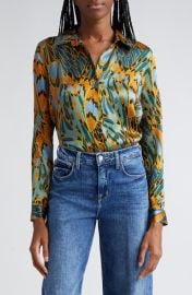 L\'AGENCE Tyler Parrot Feather Print Silk Button-Up Shirt at Nordstrom