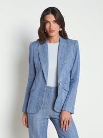 L39AGENCE - Chamberlain Single-Breasted Linen-Blend Blazer in Slate Blue Pinstripe at L'Agence