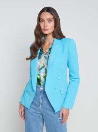 L39AGENCE - Kenzie Double-Breasted Cotton-Blend Blazer in Blue Atoll Multi Belt at L'Agence