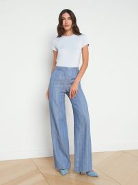 L39AGENCE - Livvy Linen-Blend Straight Leg Trouser in Slate Blue Pinstripe at L'Agence