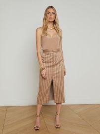 L39AGENCE - Madonna Pinstriped Midi Skirt in Chocolate MaltEcruGold Lurex Stripe at L'Agence