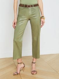 L39AGENCE - Wanda Coated Cropped Wide-Leg Jean in Oil Green Coated at L'Agence