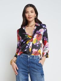 L39AGENCE Dani Silk Blouse in Black Multi Mix Rose at L'Agence