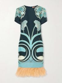 LA DOUBLEJ Swing printed feather-trimmed silk-twill mini dress at Net a Porter