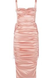 LACE-UP RUCHED STRETCH-SILK SATIN MIDI DRESS at Net A Porter