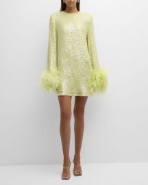 LAPOINTE Feather-Cuffs Long-Sleeve Sequin Viscose Mini Shift Dress at Neiman Marcus