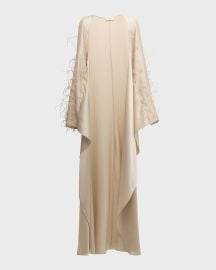 LAPOINTE Feather-Embellished Doubleface Satin Long-Sleeve Caftan at Neiman Marcus