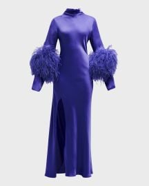 LAPOINTE Feather-Trim Mock-Neck Long-Sleeve Slit Satin Bias Gown at Neiman Marcus