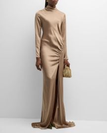 LAPOINTE Long-Sleeve Ruched Slit-Hem Double-Face Satin Bias Gown at Neiman Marcus