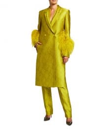 LAPOINTE Snake Jacquard Long Coat with Ostrich Feather Cuffs at Neiman Marcus