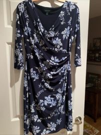 LAUREN RALPH LAUREN 129 Slinky Stretch Navy Floral Pleated Dress Size 10 eBay at eBay