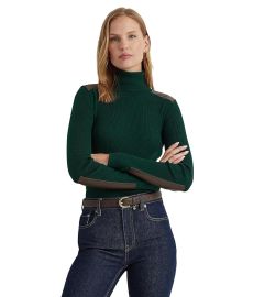 LAUREN Ralph Lauren Faux Leather-Trim Ribbed Turtleneck com at Zappos