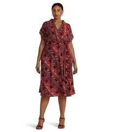 LAUREN Ralph Lauren Plus Size Geo-Striped Belted Crepe Dress com at Zappos