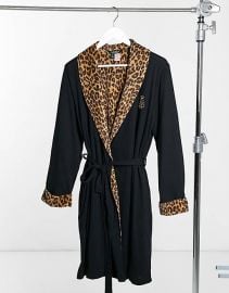 LAUREN by Ralph Lauren velour lined robe with leopard trim in black at ASOS