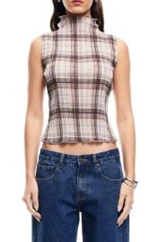 LIONESS Ford Plaid Funnel Neck Plissé Top at Nordstrom