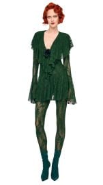 LONG SLEEVE DEEP V RUFFLE MINI DRESS Dark Emerald Norma Kamali at Norma Kamali
