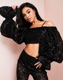 LUXE 3D lace bardot crop top in black - part of a set at ASOS