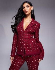 LUXE embellished boucle blazer with faux feather hem in Burgundy - part of a set at ASOS