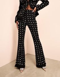 LUXE embellished boucle kick flare pants with faux feather hem in black silver at ASOS