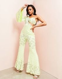 LUXE embellished fluted sleeve flared jumpsuit in lime at ASOS