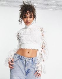 LUXE eyelet ruffle neck top in white - part of a set at ASOS